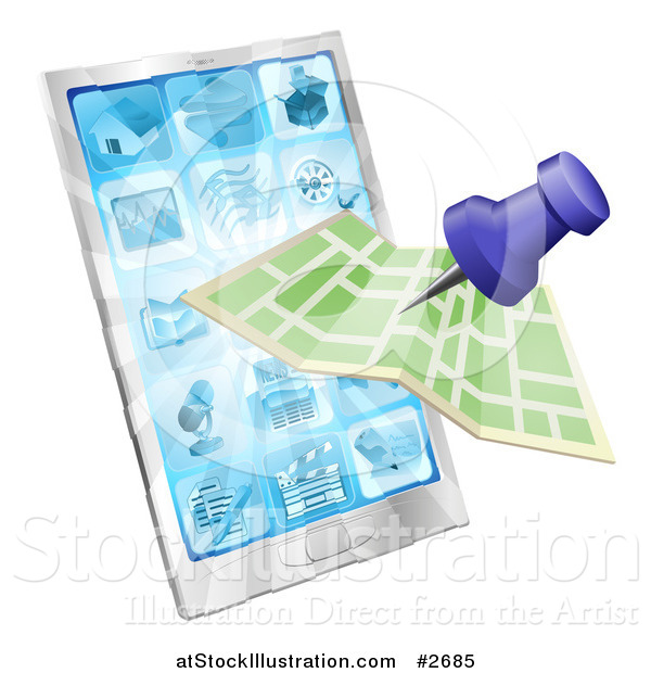 Vector Illustration of a Mobile Phone, Pin and Map