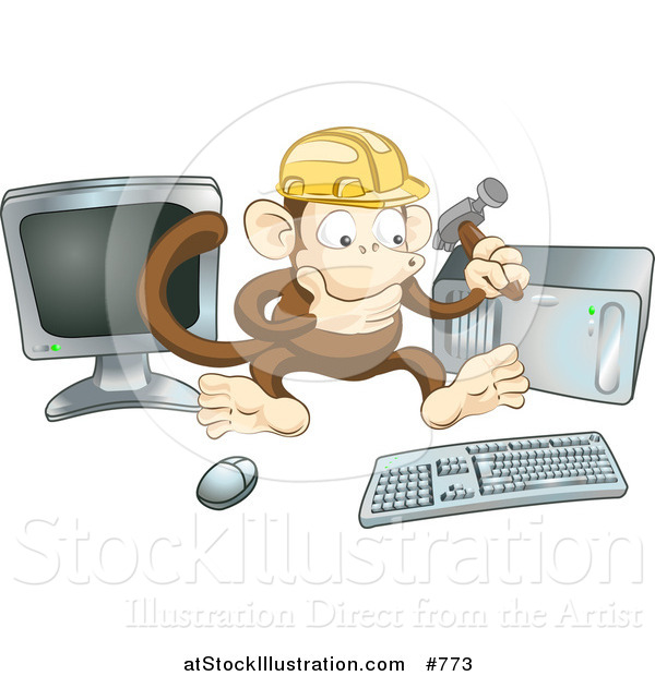 Vector Illustration of a Monkey in a Hardhat Working on a Computer to Construct a Website