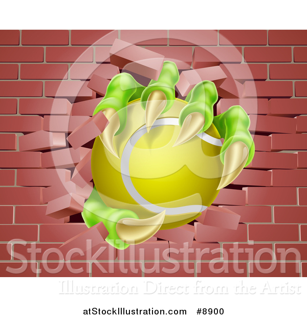 Vector Illustration of a Monster Claws Holding a Tennis Ball and Breaking Through a Brick Wall