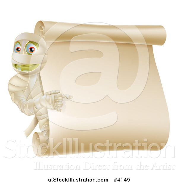 Vector Illustration of a Mummy Pointing to a Halloween Scroll Sign