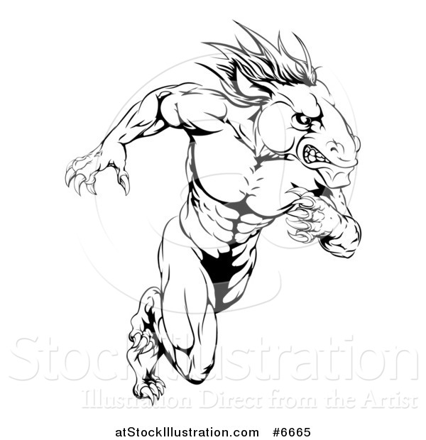 Vector Illustration of a Muscular Aggressive Black and White Stallion Horse Man Running