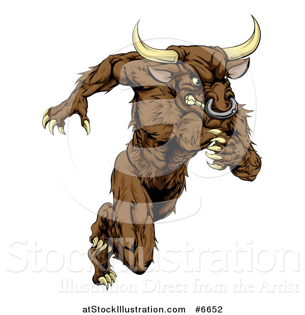 Vector Illustration of a Muscular Aggressive Brown Bull Man Monster Sprinting Upright