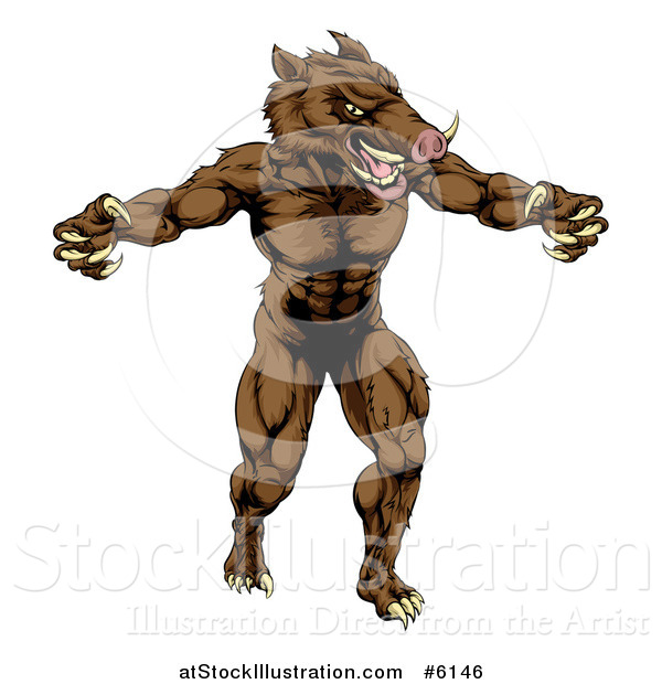 Vector Illustration of a Muscular Aggressive Clawed Boar Man Mascot Attacking