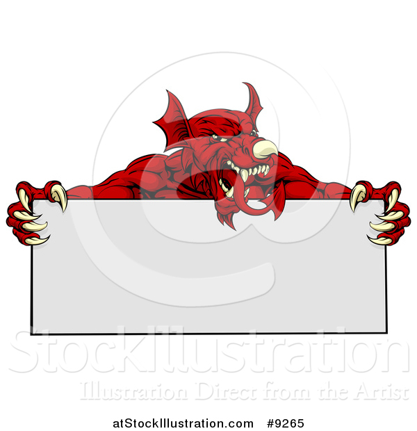 Vector Illustration of a Muscular Aggressive Red Welsh Dragon Man Mascot Holding a Blank Sign
