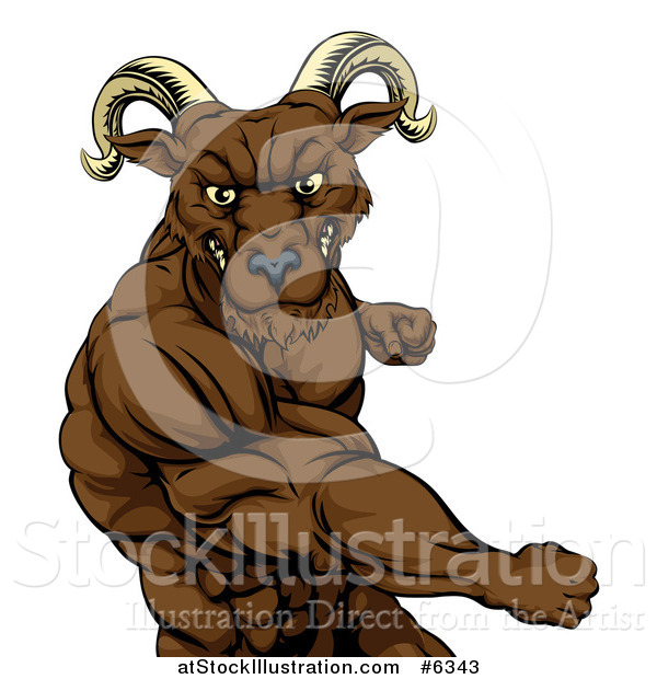 Vector Illustration of a Muscular Angry Ram Man Punching