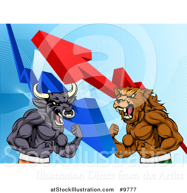 Vector Illustration of a Muscular Brown Bear Man and Bull Ready to Fight over a Graph with Arrows