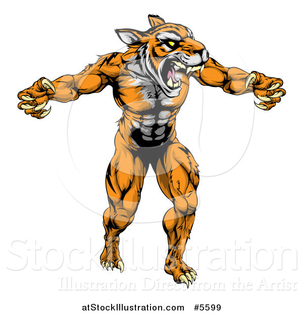 Vector Illustration of a Muscular Fierce Tiger Man Attacking