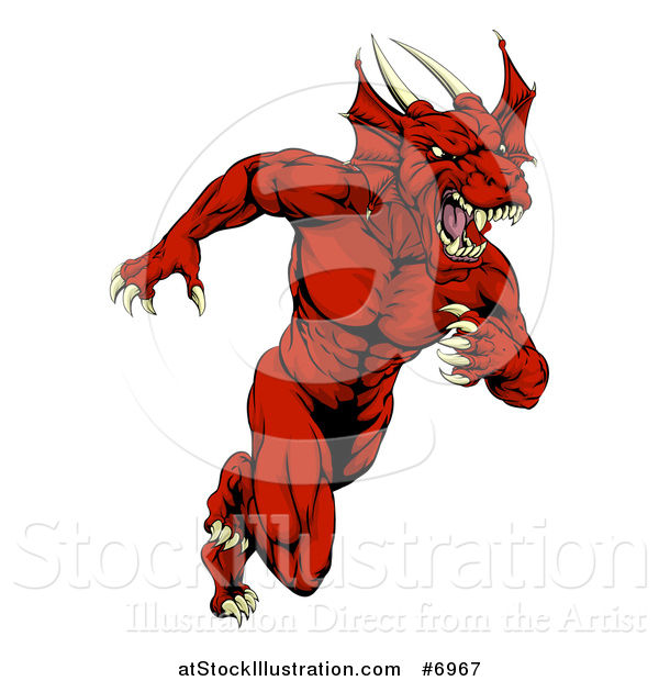 Vector Illustration of a Muscular Vicious Red Dragon Man Mascot Running Upright