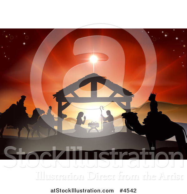 Vector Illustration of a Nativity Christmas Scene of the Manger Under the Star of Bethlehem