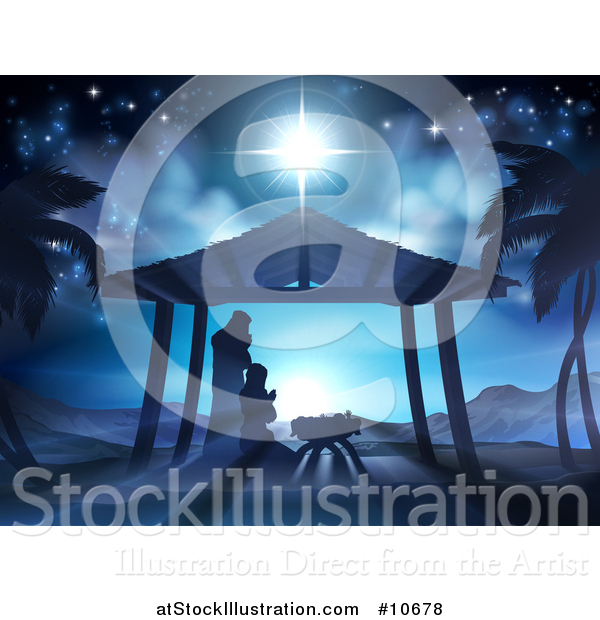 Vector Illustration of a Nativity Scene of Mary and Joseph Praying over Baby Jesus in a Manger