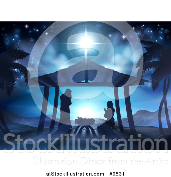 Vector Illustration of a Nativity Scene of Mary and Joseph Praying over Baby Jesus, with Palm Trees