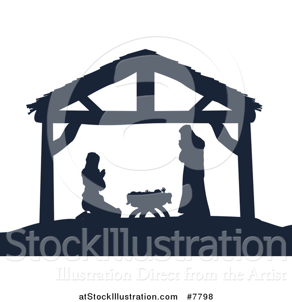 Vector Illustration of a Navy Blue Silhouette of Mary and Joseph Praying over Baby Jesus in a Manger