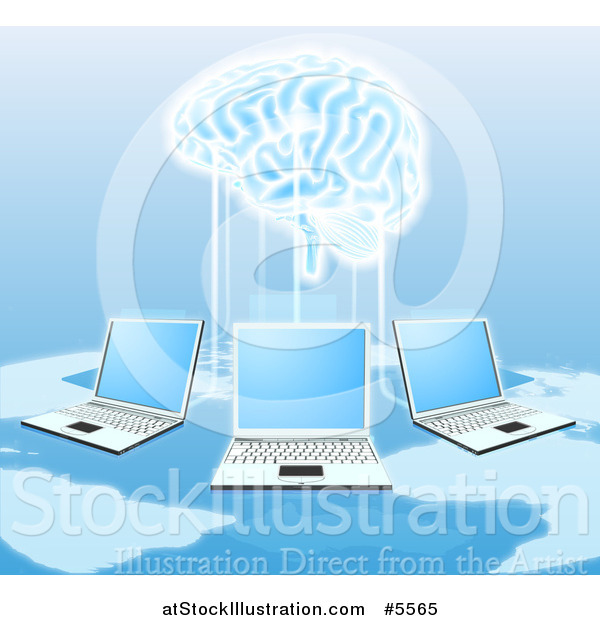 Vector Illustration of a Network of Laptops Connected to a 3d Brain