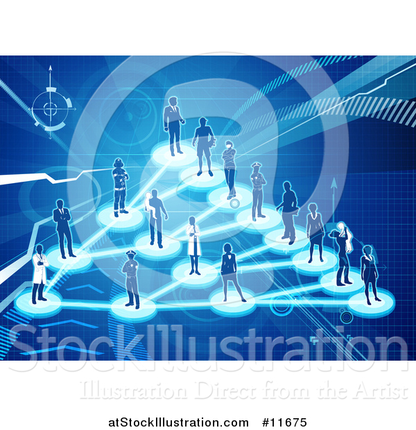 Vector Illustration of a Network of Silhouetted People on a Blue Background