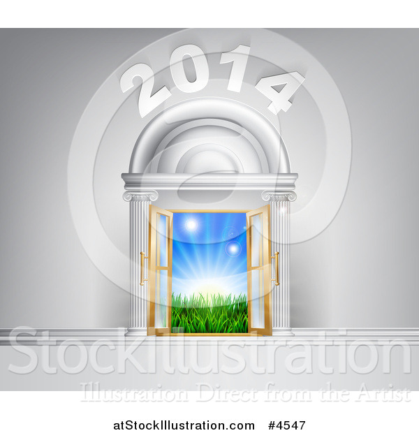 Vector Illustration of a New Year 2014 over Open Doors with Sunshine and Grass Outside