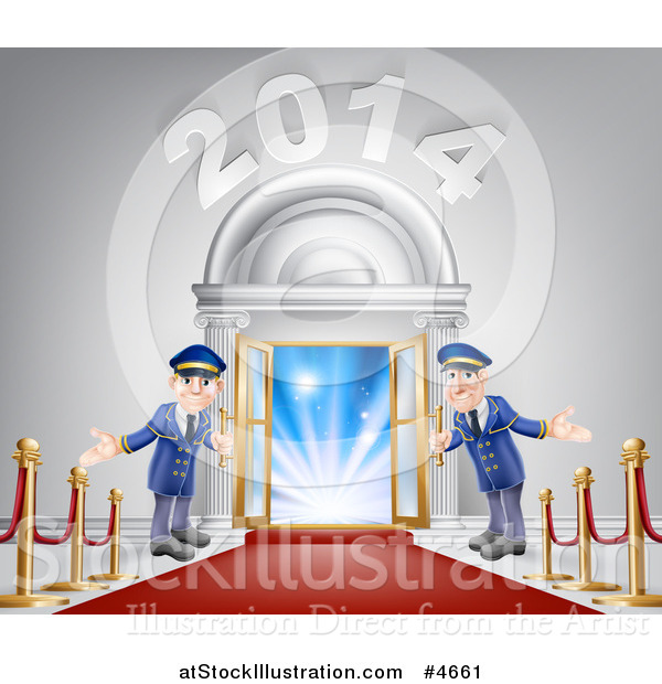 Vector Illustration of a New Year 2014 Venue Entrance with a VIP Red Carpet and Welcoming Friendly Doormen 2