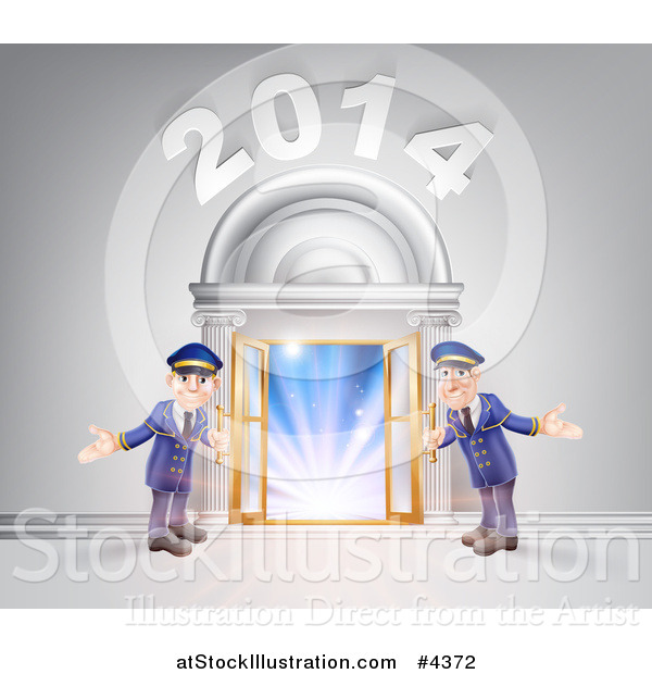 Vector Illustration of a New Year 2014 Venue Entrance with a VIP Red Carpet and Welcoming Friendly Doormen