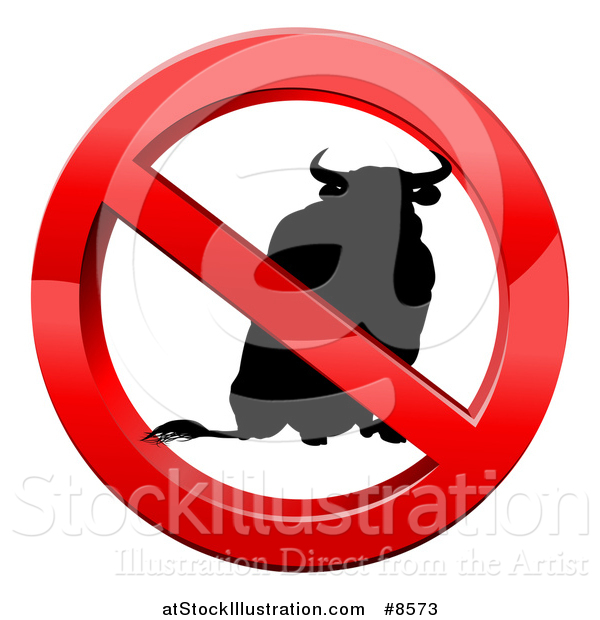 Vector Illustration of a No Bull Black Silhouetted Bovine in a Shiny Red Prohibited Symbol