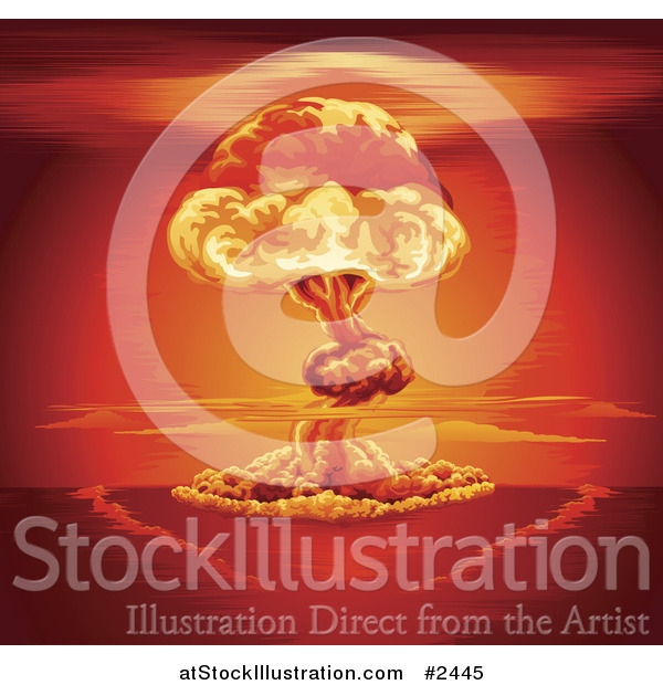 Vector Illustration of a Nuclear Explosion Mushroom Cloud and Red Sky