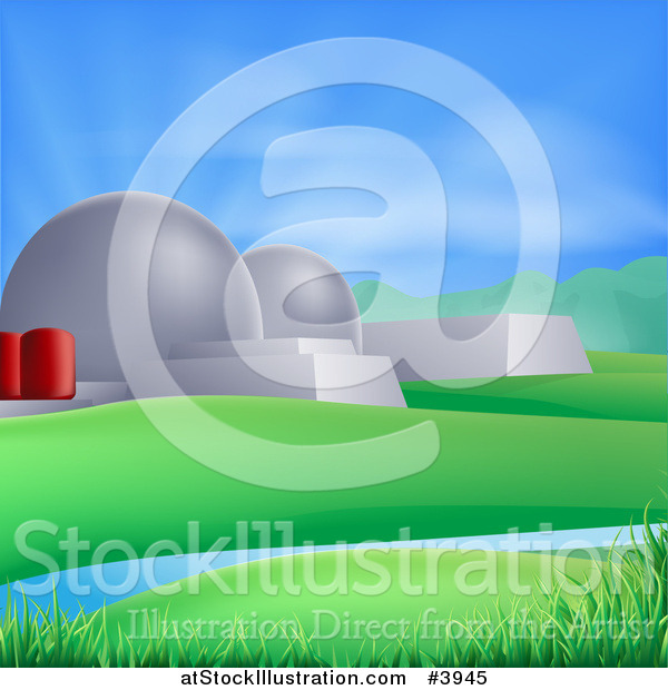 Vector Illustration of a Nuclear Power Plant in a Green Landscape with Sun Rays