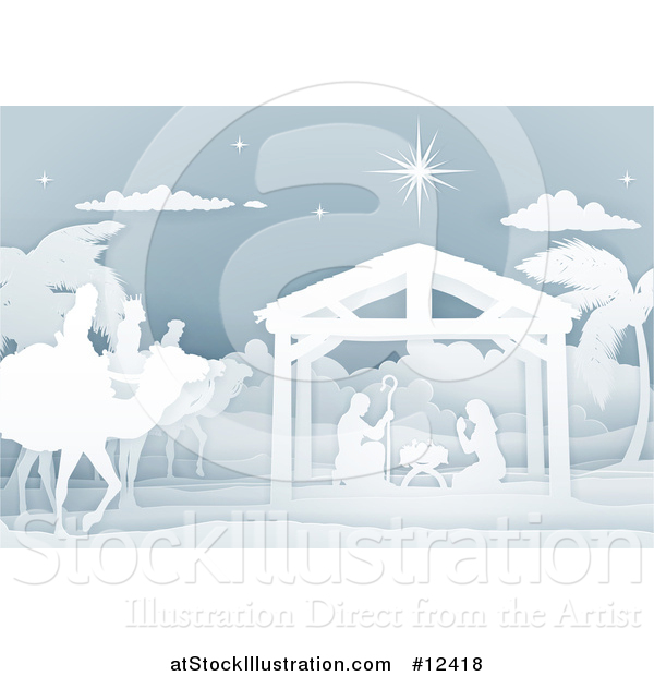 Vector Illustration of a Paper Art Styled Nativity Scene with the Wise Men and Manger