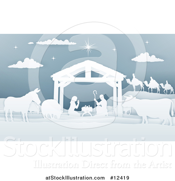 Vector Illustration of a Paper Art Styled Nativity Scene with the Wise Men, Animals and Manger