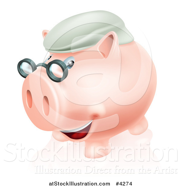 Vector Illustration of a Pension Piggy Bank with Glasses and a Green Hat