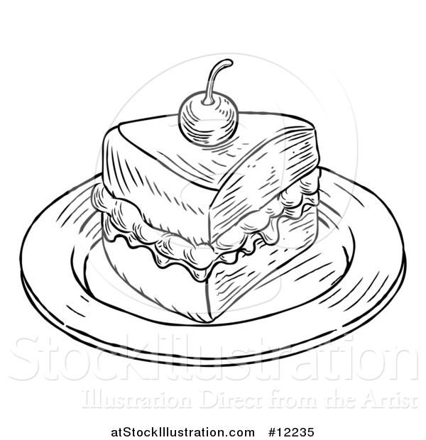 Vector Illustration of a Piece of Victoria Sponge Cake in Black and White Engraved Style