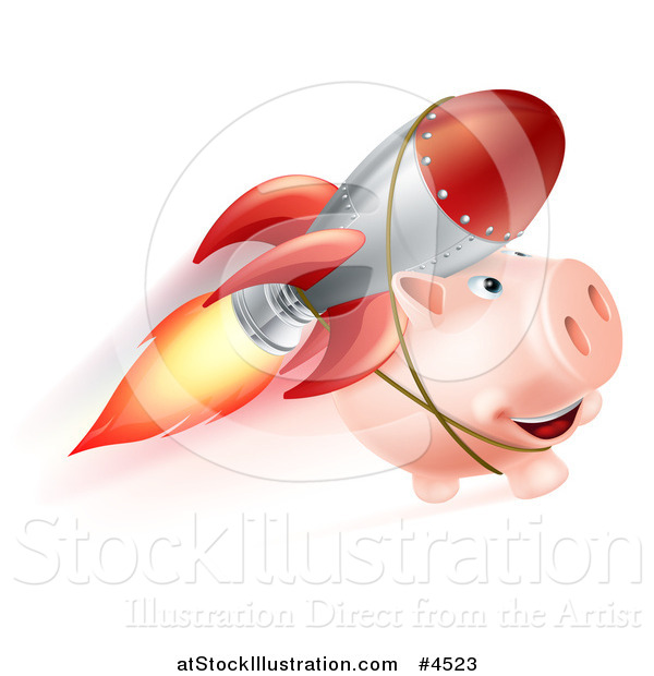 Vector Illustration of a Piggy Bank Flying with a Rocket Strapped to Its Back