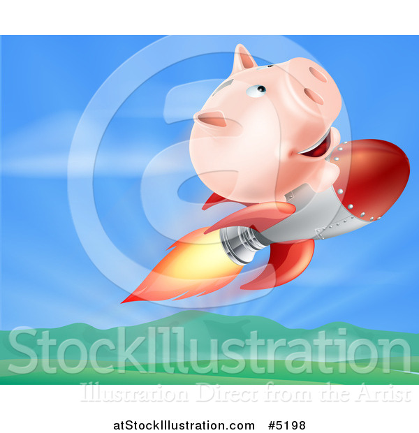 Vector Illustration of a Piggy Bank Riding a Rocket over a Valley