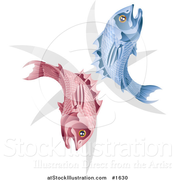 Vector Illustration of a Pink and Blue Pisces Fish with the Zodiac Symbol