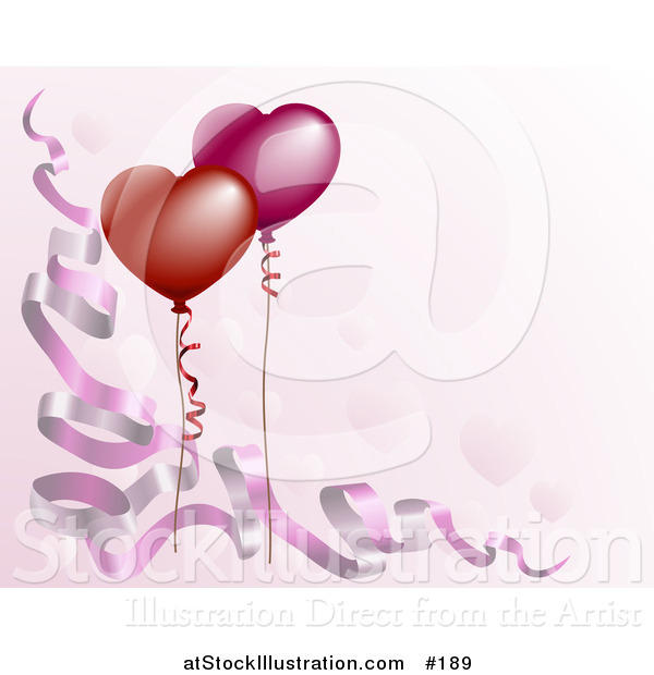 Vector Illustration of a Pink Background with Ribbons and Heart Shaped Balloons