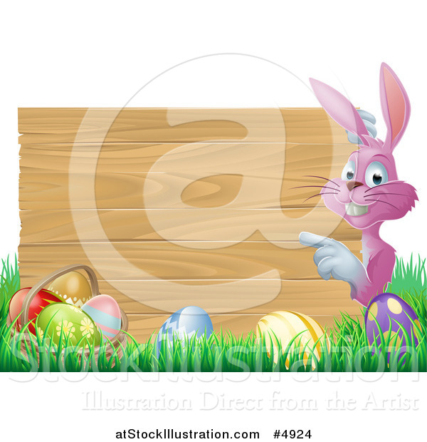 Vector Illustration of a Pink Bunny Pointing to a Wood Sign with Grass and Easter Eggs