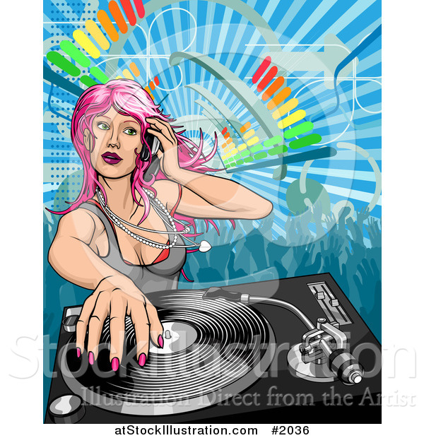 Vector Illustration of a Pink Haired Female Dj Mixing a Record