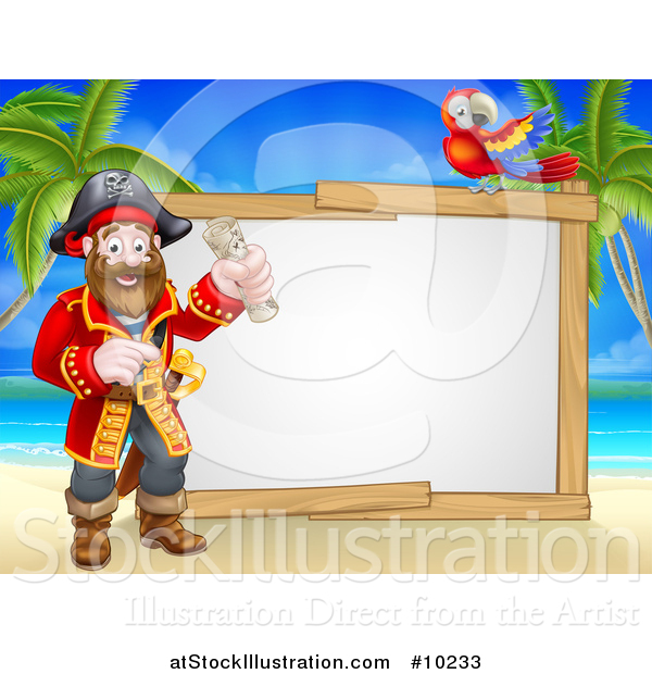 Vector Illustration of a Pirate Captain Holding a Scroll, with a Parrot by a Blank Sign on a Tropical Beach