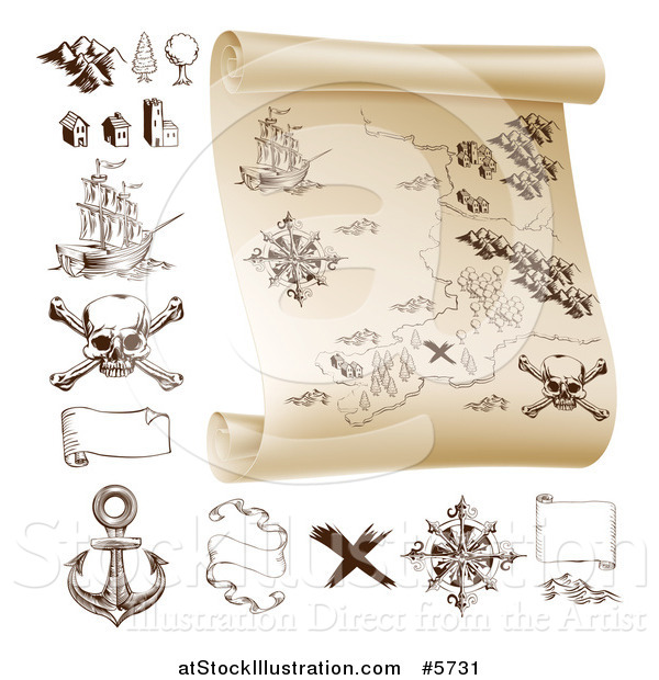 Vector Illustration of a Pirate Treasure Map Scroll and Design Elements