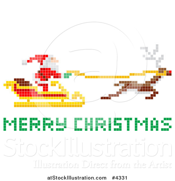 Vector Illustration of a Pixelated Santa Flying His Sleigh with Merry Christmas Text