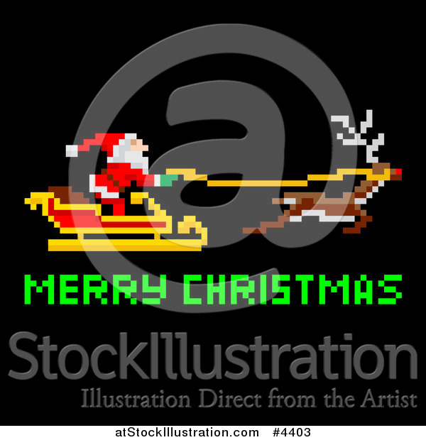 Vector Illustration of a Pixelated Santa Flying His Sleigh with Merry Christmas Text on Black