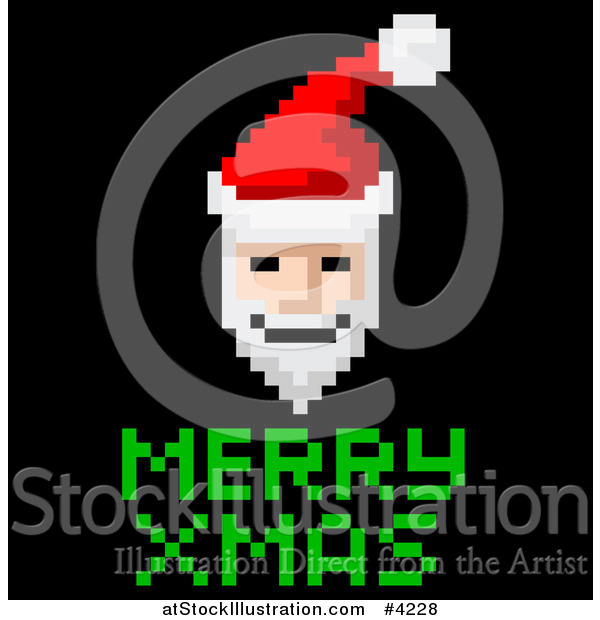 Vector Illustration of a Pixelated Video Game Santa and Merry Xmas Text on Black