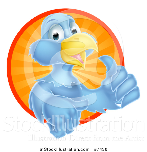 Vector Illustration of a Pleased Blue Bird Character Giving a Thumb up and Emerging from a Circle of Sunshine 2