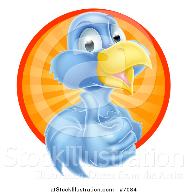 Vector Illustration of a Pleased Blue Bird Character Giving a Thumb up and Emerging from a Circle of Sunshine