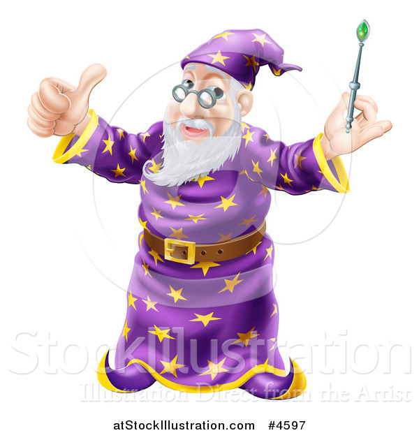 Vector Illustration of a Pleased Old Wizard Holding a Thumb up and Magic Wand