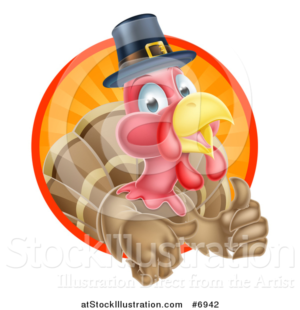 Vector Illustration of a Pleased Thanksgiving Turkey Bird Wearing a Pilgrim Hat and Giving a Thumb up and Emerging from a Circle of Rays