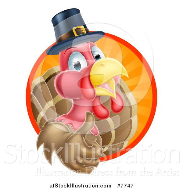 Vector Illustration of a Pleased Thanksgiving Turkey Bird Wearing a Pilgrim Hat and Giving a Thumb up and Emerging from a Circle of Rays