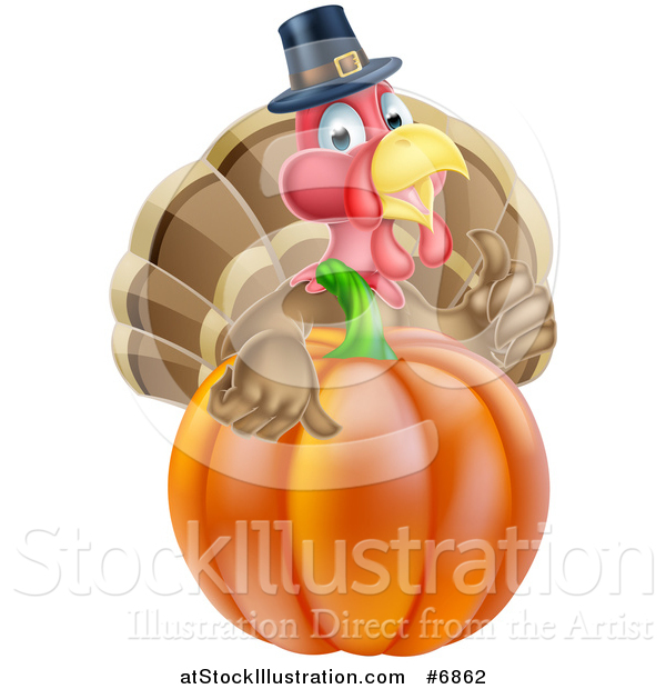 Vector Illustration of a Pleased Thanksgiving Turkey Bird Wearing a Pilgrim Hat and Giving a Thumb up over a Pumpkin