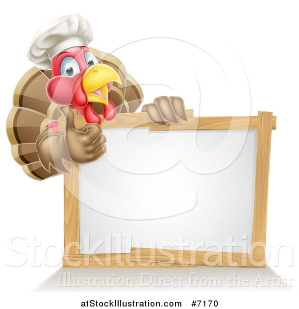 Vector Illustration of a Pleased Turkey Bird Chef Giving a Thumb up Above a Blank White Sign