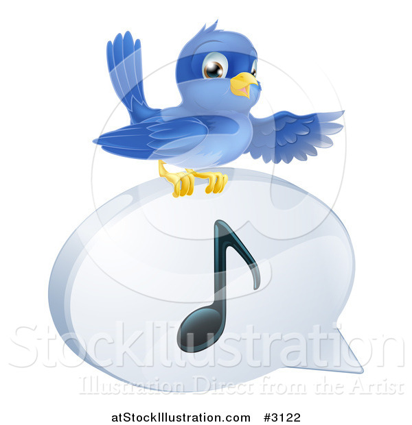 Vector Illustration of a Pointing Bluebird on a Music Note Speech Balloon
