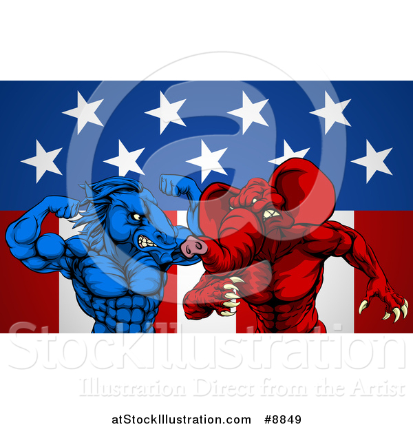 Vector Illustration of a Political Aggressive Democratic Donkey or Horse and Republican Elephant Fighting over Stars and Stripes
