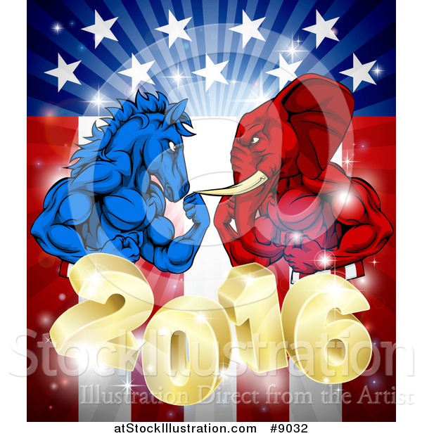 Vector Illustration of a Political Aggressive Democratic Donkey or Horse and Republican Elephant Flexing over a 2016 American Flag and Burst