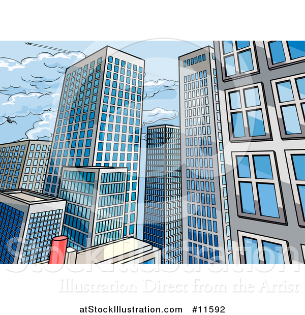 Vector Illustration of a Pop Art Comic Book Styled Scene of City Skyscraper Buildings